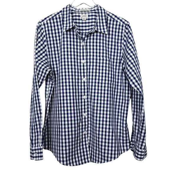 LL Bean Wrinkle-Free Pinpoint Oxford Shirt In Navy Plaid Check Women’s L - Picture 2 of 11